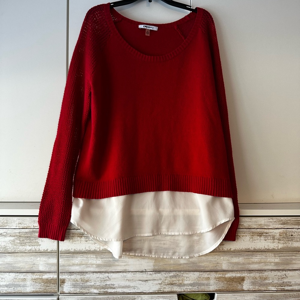 🧶 DKNYC Red Layered Sweater Top Size Medium Wool Cashmere Blend